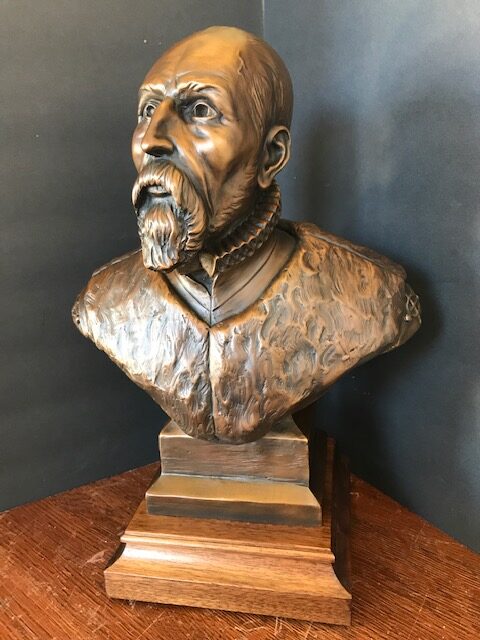 historical bronze portrait bust of abraham ortelius, cartographer, creator of first atlas, tom white, public bronze sculptor commission statues, custom monumental bronze sculptures