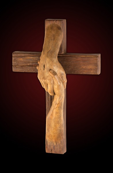 Tom White Studios, Inc | Cross Sculptures Rescued Cross bronze sculpture created by Christian sculptor, Tom White. Depicts Jesus nail-scarred hand rescuing mankind by His great love shown on Calvary by His death and the power of His Resurrection. Available in necklaces and wall hangings.