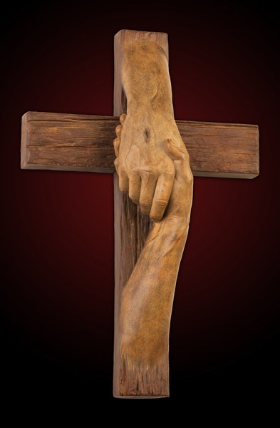 Tom White Studios, Inc | Cross Sculptures Rescued Cross bronze sculpture created by Christian sculptor, Tom White. Depicts Jesus nail-scarred hand rescuing mankind by His great love shown on Calvary by His death and the power of His Resurrection. Available in necklaces and wall hangings.