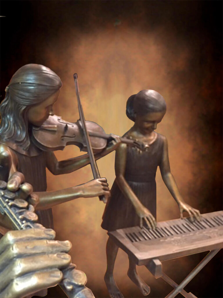 Ryan Girls Portrait Sculptures commissioned by Amanda and Brint Ryan and created in bronze by master sculptor, Tom White, for placement in at one of the Ryan residences in Texas. Daughters playing musical instruments.