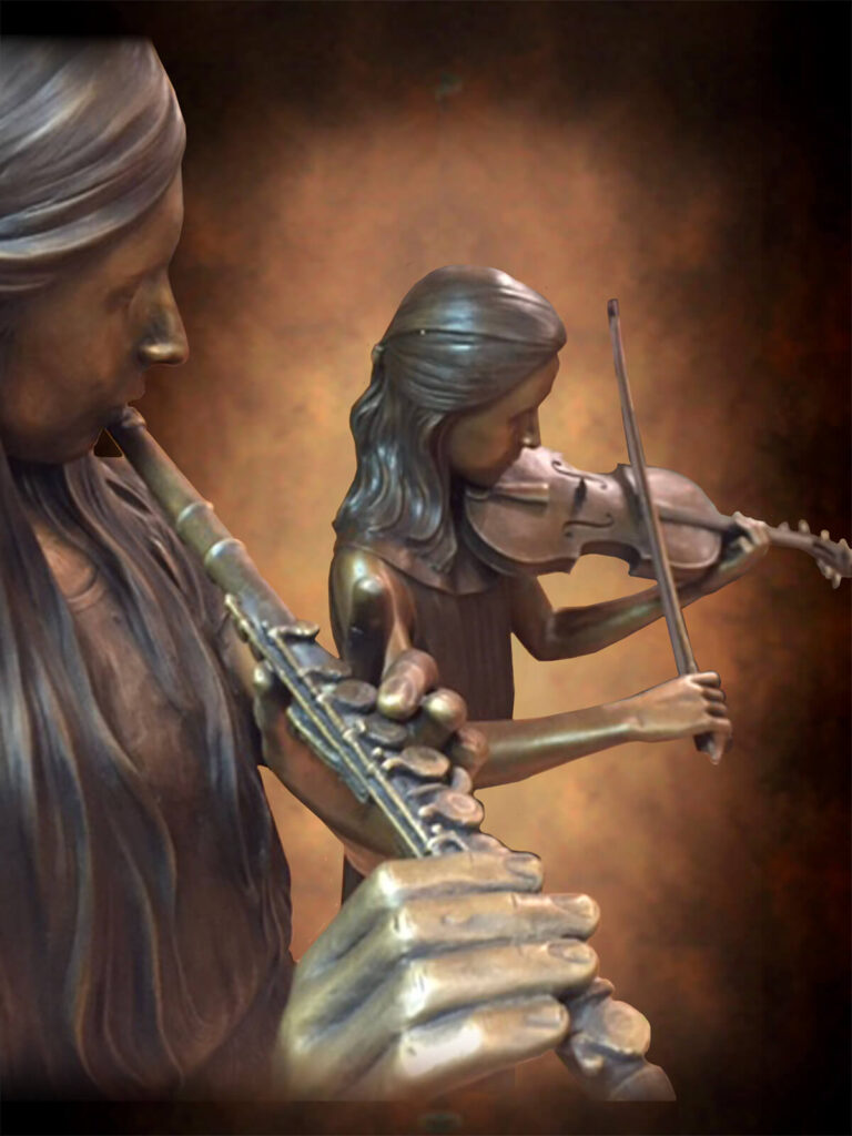 Ryan Girls Portrait Sculptures commissioned by Amanda and Brint Ryan and created in bronze by master sculptor, Tom White, for placement in at one of the Ryan residences in Texas. Daughters playing musical instruments.