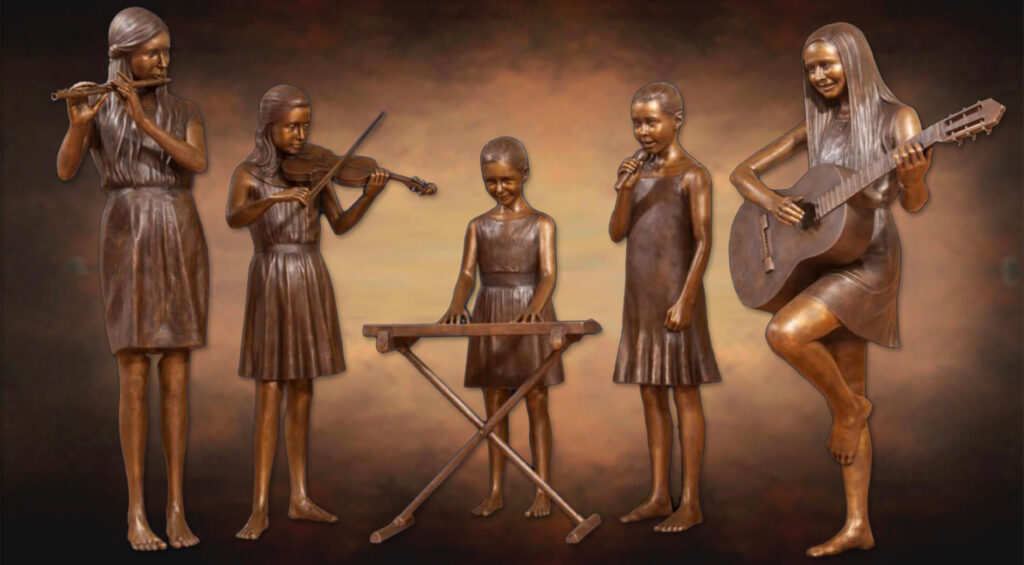Ryan Girls Portrait Sculptures commissioned by Amanda and Brint Ryan and created in bronze by master sculptor, Tom White, for placement in at one of the Ryan residences in Texas. Daughters playing musical instruments.