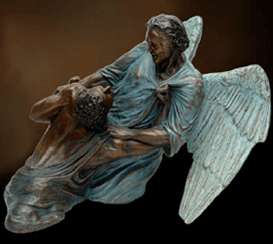 Jacob Wrestling the Angel statue in bronze by master sculptor, Tom White. One in a line of inspirational Biblical statues of faith.
