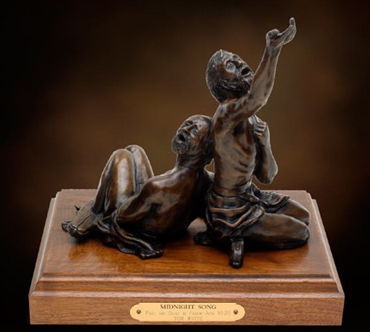 Midnight Song - Biblical bronze statue of Paul and Silas in the prison singing praise to Jesus by master sculptor, Tom White. Inspirational Christian bronze sculptures and gifts.