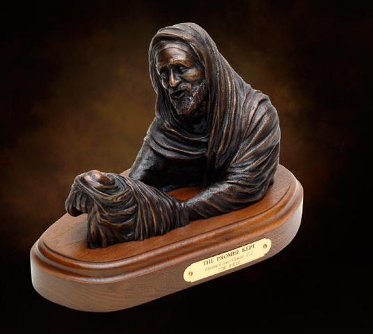 "Promise Kept" Sculpture of Abraham & Isaac by Tom White, sculptor. Depicts Abraham at the age of 100 holding baby Isaac as promised by the Lord God Almighty. Statues of faith and inspiration.