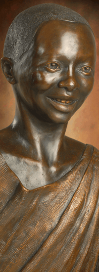 Smiling Boy Statue, part of Welcoming Christ bronze sculpture scene of Jesus and Children, by Tom White, sculptor.