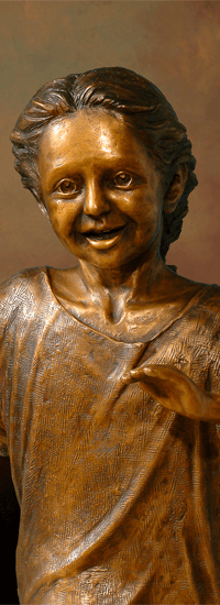 Smiling Girl Bronze Sculpture, part of Welcoming Christ sculpture scene of Jesus and Children, by Tom White, sculptor.