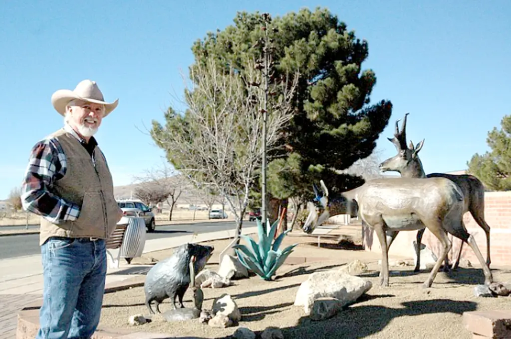 Bronze Wildlife Sculptures &ndash; &ldquo;Sharing the Land&rdquo; scene of antelopes, javelina, and flora including cactus and century plant in Prescott Valley, AZ by Tom White, sculptor / artist.
