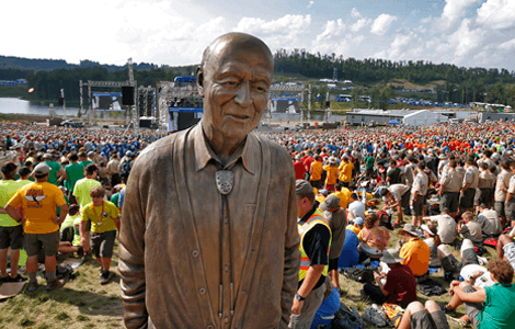 Portrait bronze statue of Stephen D Bechtel, Jr., major donor of The Summit Bechtel Reserve in West Virginia boy scouts high adventure camp