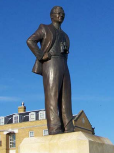 Sir Barnes Wallis bronze statue, Herne Bay Cultural Trails, Kent, England, by world-class commission monumental sculptor, Tom White. Sir Wallis is inventor of bouncing bomb in WWII of "Dam Busters" movie fame, wellesley and wellington bombers