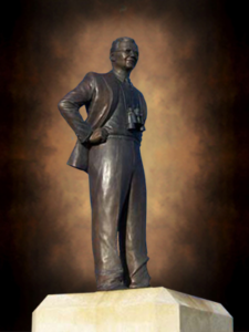 Sir Barnes Wallis bronze statue, Herne Bay Cultural Trails, Kent, England, by world-class commission monumental sculptor, Tom White. Sir Wallis is inventor of bouncing bomb in WWII of "Dam Busters" movie fame.