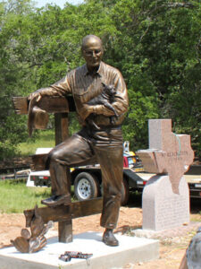 Bo Rubenstein Statue - portrait sculpture of owner of Texas Pipe for his Frebo Ranch in Columbus, Texas. Figurative memorial bronze sculptures by master Texas / Arizona commission sculptor, Tom White.