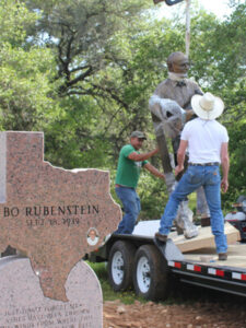 Bo Rubenstein Statue - portrait sculpture of owner of Texas Pipe for his Frebo Ranch in Columbus, Texas. Figurative memorial bronze sculptures by master Texas / Arizona commission sculptor, Tom White.