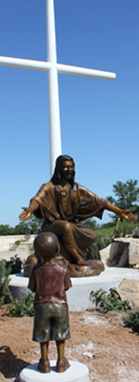 Christ Our Rock statues of Jesus and children and three crosses at Davidson Prayer Garden, Gatesville, Texas by world-class sculptor, Tom White. Located in prayer gardens, churches, schools and parks across the United States.