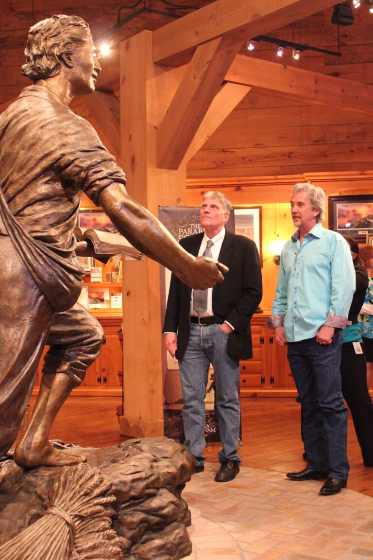 Sower Statue Billy Graham Library in Charlotte, NC. Depicts Jesus' parable of the Sower, monumental bronze sculpture created by sculptor, Tom White, for Franklin Graham.